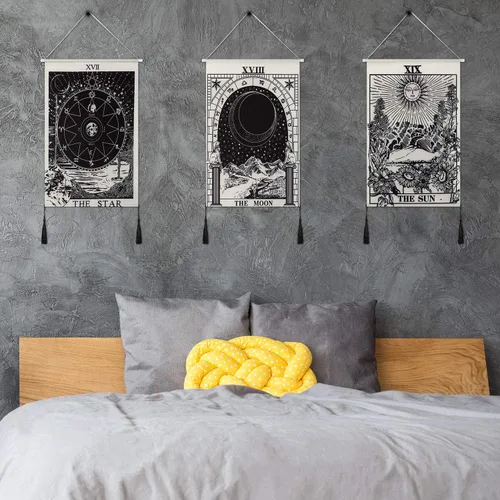Miniatura 2 de Boao 3 piezas de tapiz de luna y estrella, arte en blanco y negro para colgar en la pared, decoración para dormitorio, sala de estar, oficina