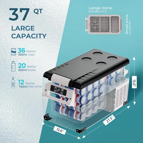Miniatura 8 de Euhomy - Refrigerador de automóvil, 12 voltios, 35L (38 qt), refrigerador RV con 12/24 V CC y 120-240 V CA, refrigerador y congelador
