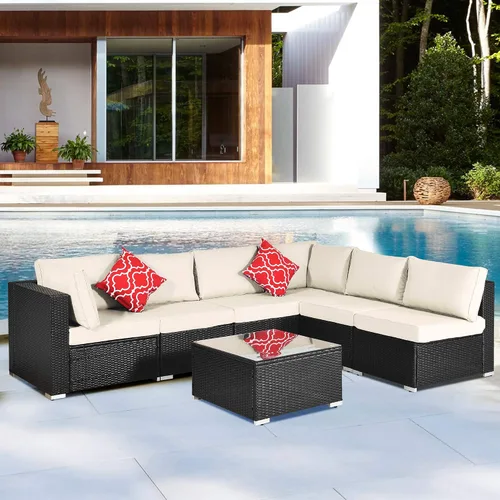 Miniatura 16 de Quarte Juego de muebles de patio de 4 piezas, sofá modular de mimbre de ratán PE para exteriores con acolchado y almohada, para porche, césped, Gris