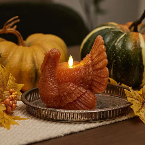Miniatura 2 de Luminara Decoración de cosecha de otoño sin llama, vela LED figural de pavo, color natural, Adobe, 5.3 x 7.5 pulgadas, llama móvil de cera real