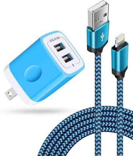 AILKIN Cargadores de iPhone, [certificado Apple MFI] Cable Lightning trenzado de 6 pies de largo + cargador de pared USB, cable de alimentación de