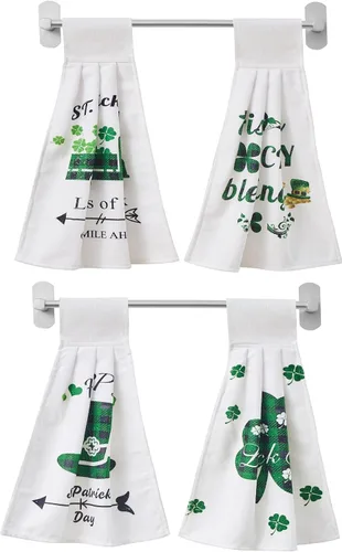 Miniatura 6 de Toallas Colgantes de Trébol del Día de San Patricio para Cocina Juego de 4 Toallas de Mano con Lazo para Decoración de Cocina y Baño, Tréboles