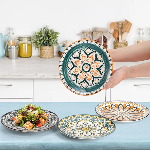 Miniatura 2 de Foraineam 8 platos de ensalada, platos de postre florales de porcelana de 8.5 pulgadas, coloridos juegos de platos redondos para almuerzo, ensalada