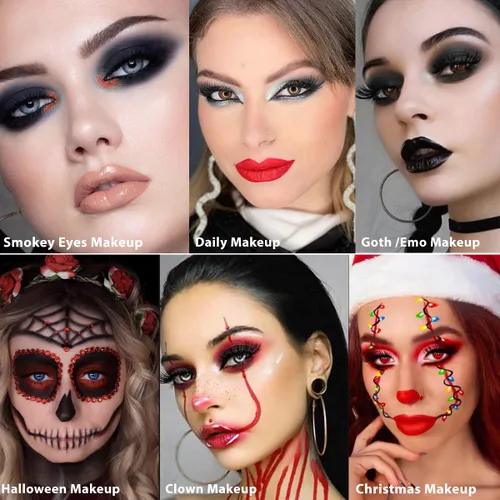 Miniatura 3 de Paleta de sombra de ojos Afflano Negro Rojo para maquillaje de Halloween de estilo gótico y payaso, paleta de sombras de ojos blancas, plateadas