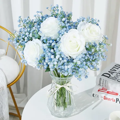 Miniatura 4 de LYLYFAN Flores artificiales de aliento de bebé, 12 unidades, flores de gypsophila de tacto real para boda, fiesta, hogar, jardín, decoración azul