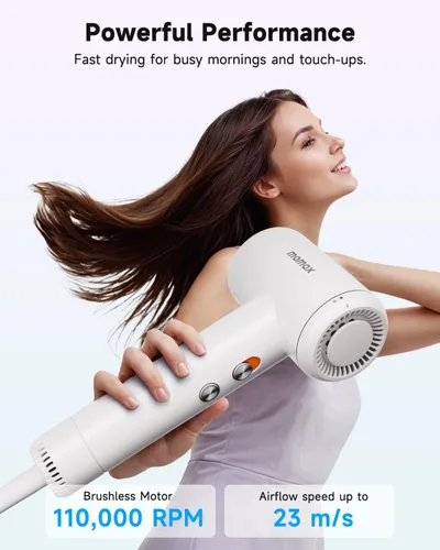 Miniatura 2 de momax Secador de pelo de alta velocidad – Mini secador de pelo con motor sin escobillas de 110,000 RPM, iónico negativo para secado rápido, bajo