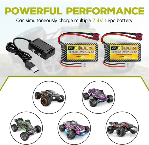 Miniatura 2 de sea jump Batería Lipo de 7.4 V 1100 mAh 2S con enchufe en T y 1 remolque 2 cargador adecuado para Haiboxing 18858 18859 18859A 16890A y XLH Q903