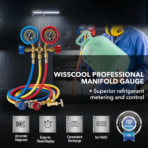 Miniatura 2 de WISSCOOL Juego de medidor de CA Calibradores de climatización para R134 R22 R12 R502, con mangueras de 5 pies acopladores adaptadores herramientas
