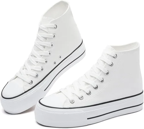 FINIWOR Zapatos de lona para mujer, con plataforma, con cordones, color blanco y negro, zapatos casuales para mujer