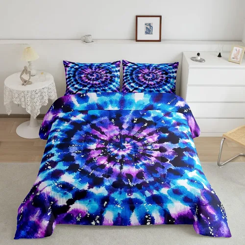 Miniatura 12 de Erosebridal Juego de edredón de teñido anudado psicodélico en espiral, tamaño individual, juego de ropa de cama bohemio con remolinos de acuarela