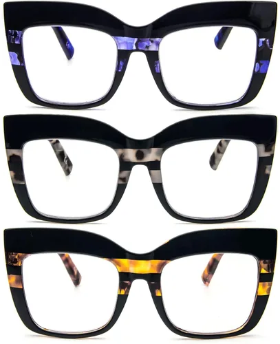 Miniatura 7 de Gafas de lectura de gran tamaño para mujer, paquete de 3 unidades, lentes retro con filtro de luz azul, gafas cuadradas con marco grande Esmalte