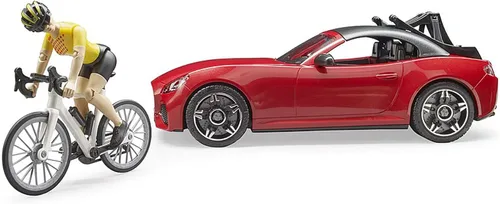 Miniatura 4 de Bruder Juguetes - Coche recreativo realista Roadster con soporte para bicicletas y bicicleta de carretera con figura de ciclista femenina, el techo