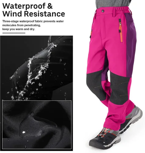 Miniatura 46 de linlon Pantalones impermeables para la nieve para niños y niños, forro polar lind para senderismo, softshell, cálidos, con aislamiento térmico