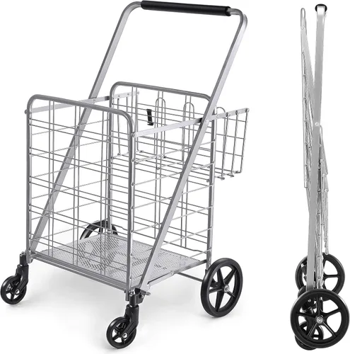 Miniatura 7 de Wellmax Carrito de comestibles plegable con ruedas, carrito utilitario de metal resistente con parte inferior de malla, cesta trasera adicional