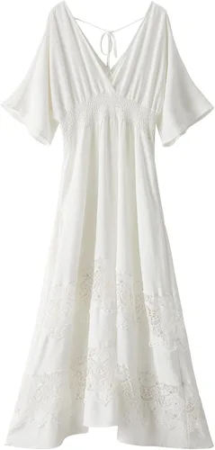 Miniatura 88 de Vestido largo de encaje para mujer de manga corta y cuello en V, vestido de fiesta estilo bohemio con cintura fruncida, vestido bohemio para mujer