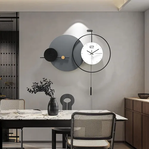 Miniatura 8 de Reloj de pared grande y moderno para sala de estar, reloj de pared decorativo silencioso a pilas con péndulo arte de pared de metal para decoración