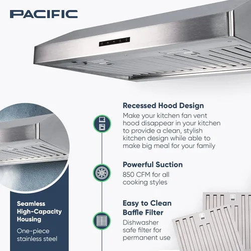 Miniatura 2 de Pacific Economy Pro - Campana extractora con conductos para debajo del gabinete de 30 pulgadas, 850 CFM, potente campana de ventilación de cocina