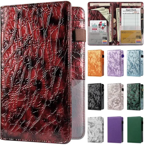 Miniatura 37 de Libreta de mesera para camarera, organizador de cuero con bolsillo con cremallera, folleto para personal de restaurante, soporte para cheques de Café