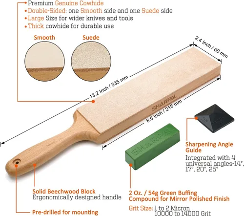 Miniatura 2 de SHARPAL 205H Asentador de Cuero de Doble Cara (Cuero Genuino de Vaca) 13.2" x 2.4" Kit con Compuesto de Pulido de 2 Oz. y Guía de Ángulo, Bloque