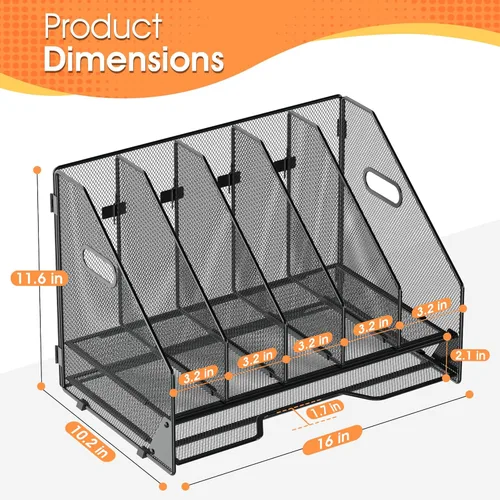Miniatura 2 de Organizador de Carpetas de Archivos de Escritorio - 5 Compartimentos Verticales con Estantes y Bandeja para Cartas de Papel, Clasificador de Negro