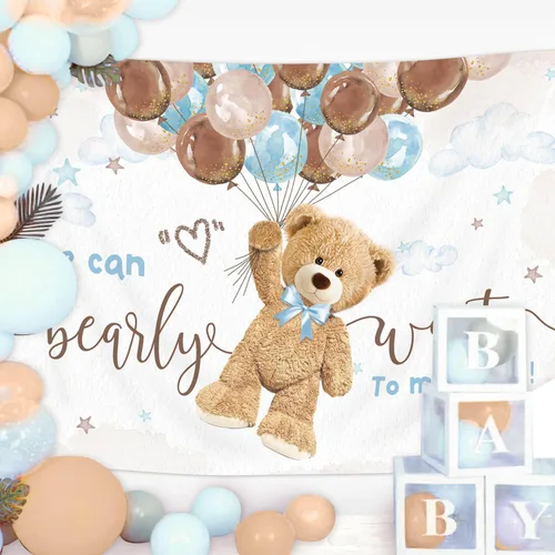 Miniatura 4 de Telón de Fondo para Baby Shower de Oso 2.1x1.5 m para Niños "We Can Bearly Wait to Meet You" Globos de Cumpleaños Lindos de Dibujos Animados Tela