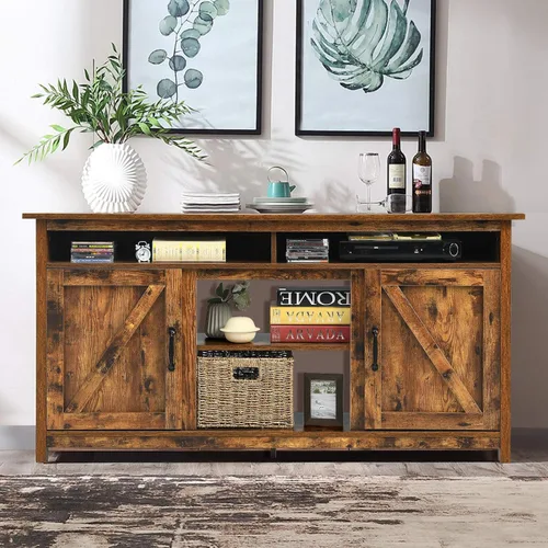 Miniatura 2 de Tangkula Soporte de TV industrial con puertas de granero para televisores de hasta 65 pulgadas, mueble consola de TV de granja con estantes