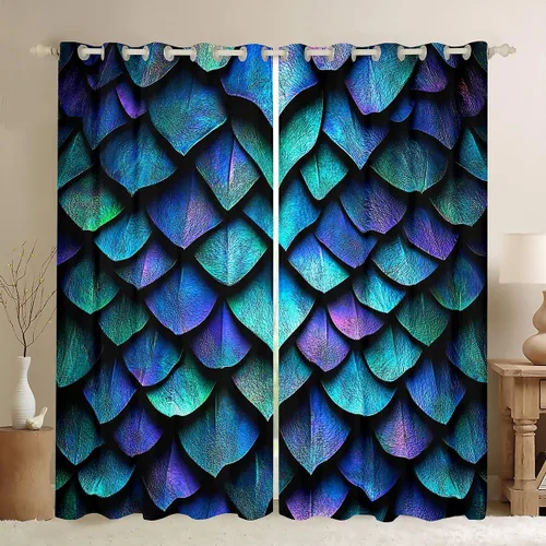 Cortinas de escamas de dragón de 76 x 45 pulgadas, cortinas opacas de piel de animales salvajes psicodélicos con purpurina, cortinas y cortinas