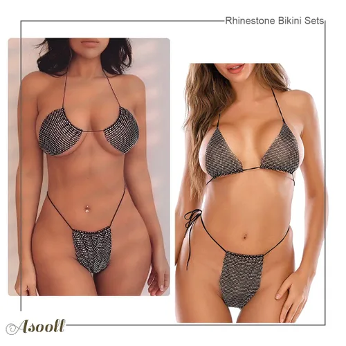 Miniatura 6 de Asooll Conjuntos de bikini con diamantes de imitación, brasier de playa de cristal brillante, cadena corporal, traje de baño sexy, fiesta
