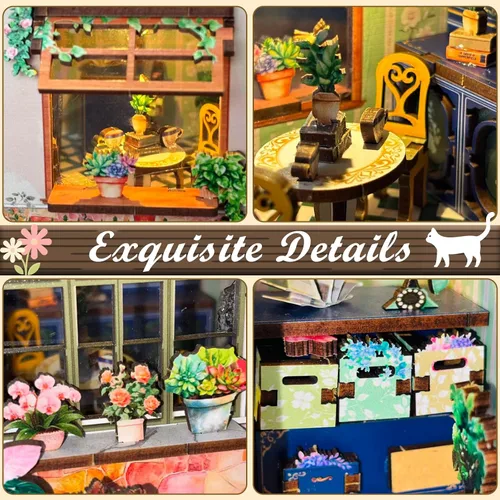 Miniatura 7 de Kit de rincón de libros – Kit de casa en miniatura de bricolaje con luz LED, rompecabezas de madera 3D, decoración de estantería estilo floristería
