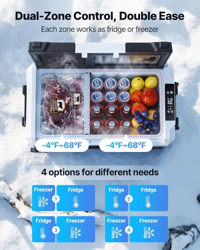 Miniatura 2 de VEVOR Refrigerador de automóvil, DC 12/24V AC100-240V, enfriador eléctrico de -4 °F a 68 °F con control de aplicación, ruedas y zona doble
