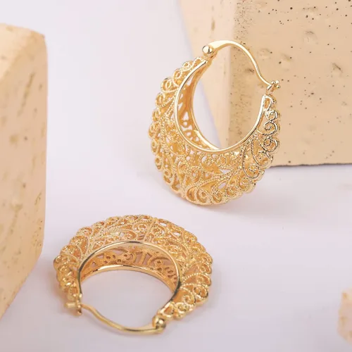 Miniatura 4 de Aretes de filigrana, estilo vintage, con filigrana, ovalados, chapados en oro, aretes colgantes chapados en oro, aretes bohemios amarillos para mujer