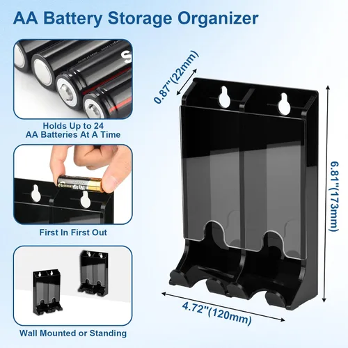 Miniatura 2 de Soporte organizador de baterías AA, dispensador de acrílico con capacidad para 22 baterías, organizador de montaje en pared, contenedor pequeño