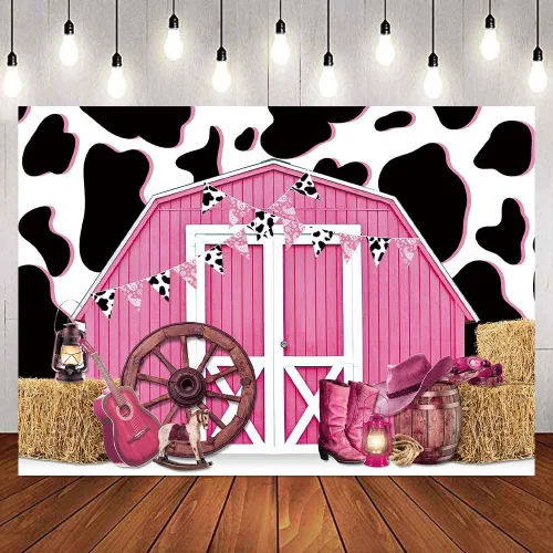 Telón de fondo de cumpleaños de vaquera, 5 x 3 pies, color rosa, para fiesta de cumpleaños, granero, granero occidental, fondo de granero, ducha de