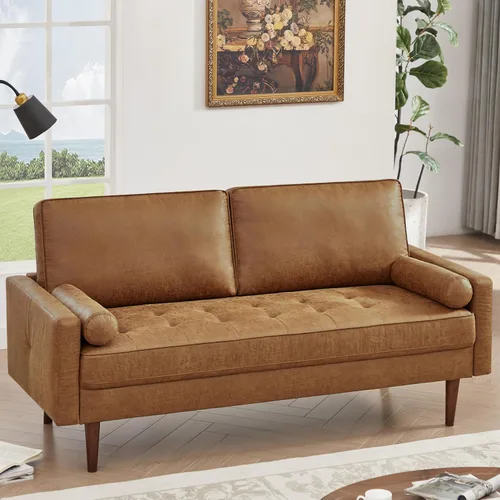 Miniatura 3 de HIFIT - Sofá de 68" de piel sintética, sofá de estilo moderno de mediados de siglo con asiento profundo tipo tufted, 2 almohadas y estructura