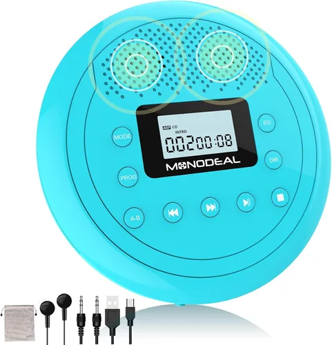Reproductor de CD portátil | Altavoz reproductor de CD recargable incorporado para automóvil y hogar, reproductor anti-salto con auriculares Azul