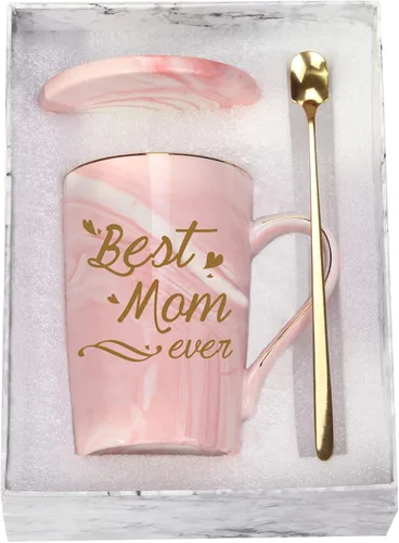 Taza de la mejor mamá, regalo de cumpleaños y día de la madre de parte de hija o hijo, taza rosa de 14 onzas con cuchara, tapete de taza y caja de