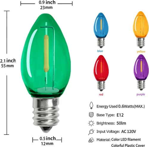 Miniatura 2 de KGC Paquete de 25 bombillas LED C7 para luces de Navidad, bombillas LED C7 irrompibles para luces de Navidad al aire libre, 0.6W, equivalente a 7W