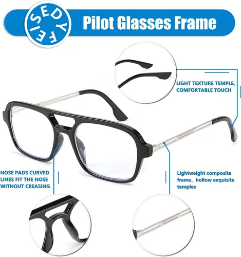 Miniatura 3 de FEISEDY Gafas de lectura retro cuadradas con bloqueo de luz azul para mujeres y hombres de los años 70, anteojos planos de aviador antifatiga