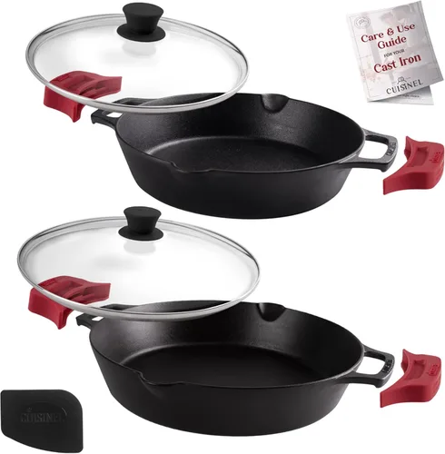 Miniatura 15 de Cuisinel Juego de sartenes de hierro fundido, sartén de 8 pulgadas + 12 pulgadas + tapas de vidrio, utensilios de cocina pre-sazonados, soportes