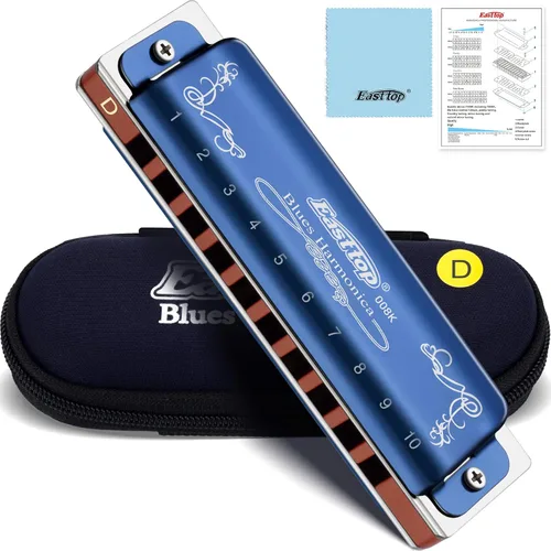 Miniatura 16 de East top - Armónica llave de C, armónica de 10 agujeros 008K diatónica con estuche azul, armónica estándar para adultos, profesionales, Azul-C