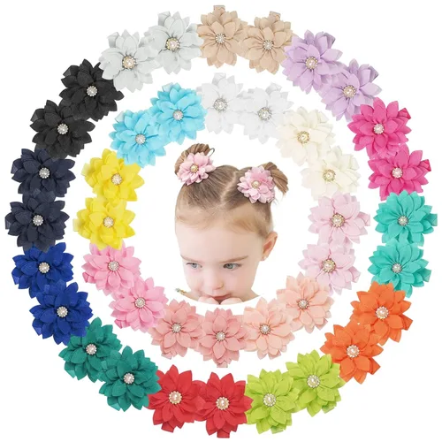 Miniatura 10 de DeD 24 lazos de gasa para el pelo de 2.7 pulgadas, pinzas para el pelo de flores, pequeñas pinzas para el cabello para niñas, bebés, niños pequeños