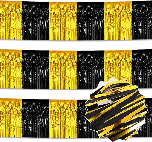 Miniatura 31 de Paquete de 3 guirnaldas de flecos de papel de aluminio negro dorado plateado de 10 pies con serpentinas metálicas de oropel para colgar en la pared