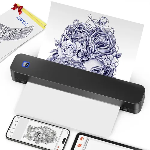 KNAON Impresora profesional de plantillas de tatuajes, máquina de transferencia térmica inalámbrica Bluetooth para tatuajes, incluye 10 piezas de