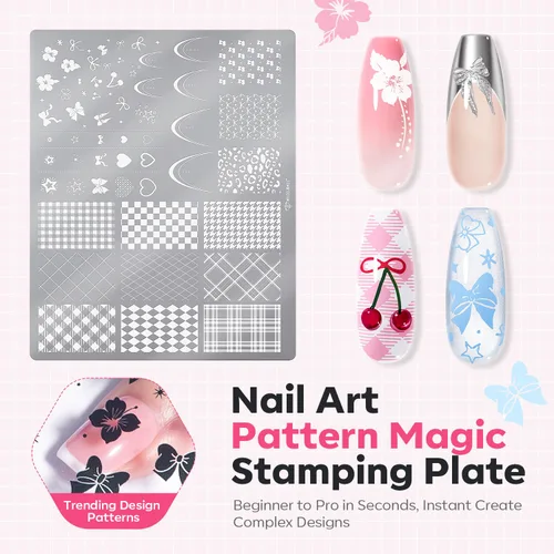Miniatura 7 de Modelones Kit de estampado de uñas a cuadros de 16 piezas, sello de punta francesa, esmalte de gel de pintura blanca y negra, a prueba de polvo
