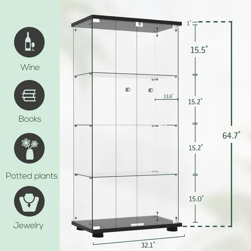 Miniatura 2 de FANYUSHOW Vitrina de cristal con doble puerta y cerradura, estilo de instalación rápida, gabinete Curio de 4 estantes de vidrio templado de 5mm