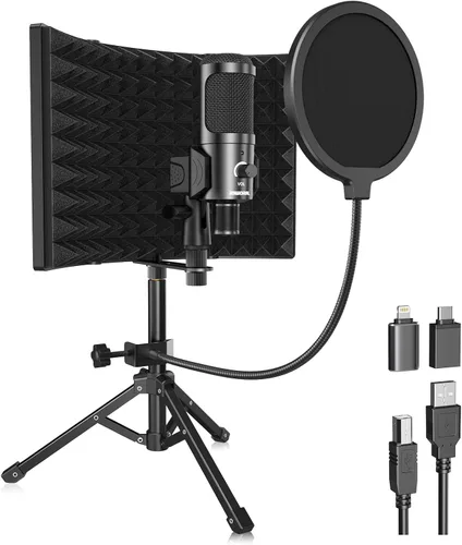 Escudo de Aislamiento de Micrófono de Grabación de Estudio con Filtro Pop y Kit de Tri-Soporte, Micrófonos de Condensador USB para Grabación Musical