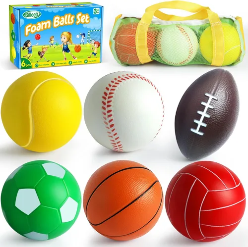 Billeeit Juego de Mini Pelotas Deportivas para Niños Pequeños de 1-3 Años, Bolsa Deportiva para Niños, Incluye 1 de Cada Una: Fútbol de Espuma de