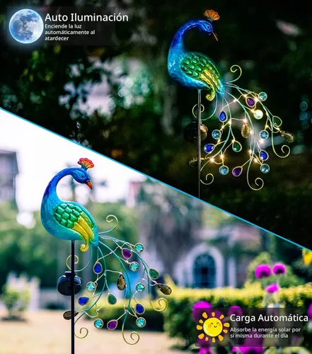 Miniatura 2 de DREAMSOUL Estacas de luz solar de jardín de pavo real de metal al aire libre decorativas - Luz de camino LED solar impermeable de pavo real