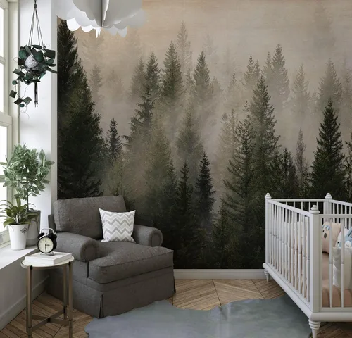 Papel pintado de paisaje de bosque de pinos brumosos. Mural de pared autoadhesivo para decoración de pared de guardería, #6237 (9 pies de alto x 8