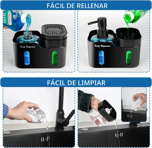 Miniatura 6 de Juego de dispensador de jabón de manos y jabón para platos para cocina, dispensador de jabón doble con soporte para esponja y soporte para paños